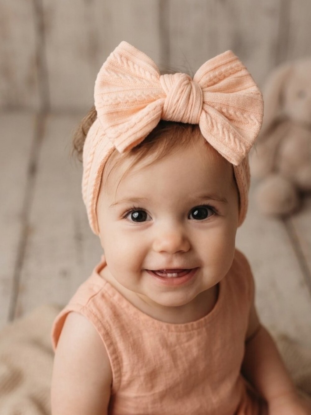Baby Toddler Peach Cable Knit Bow Headband Stretchy Wide Kids Top Knot Hair Band